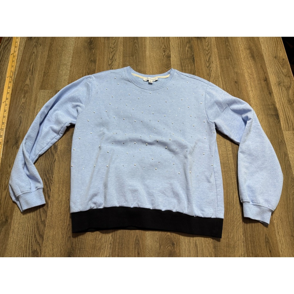 Emily Daniels Sweatshirt Womens Size L Blue Pullover Pearl Rhinestone Accent